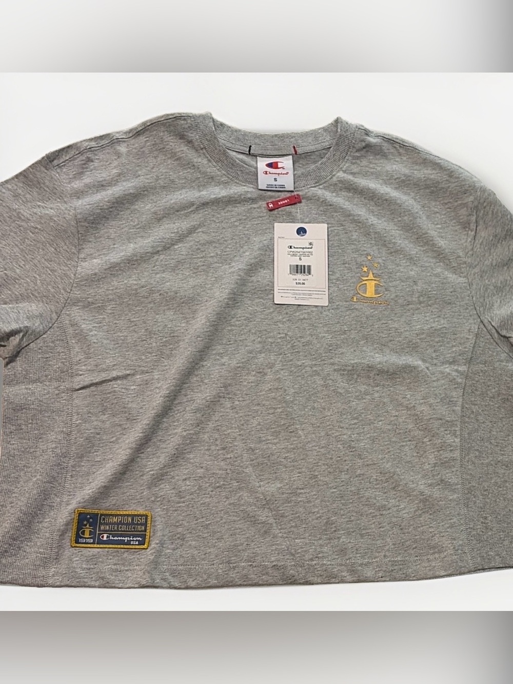 Champion Women’s Grey Crewneck T-Shirt with Gold Crest-S